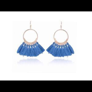 Boho Tassel Hoop Earrings-Blue, French Hook, lightweight